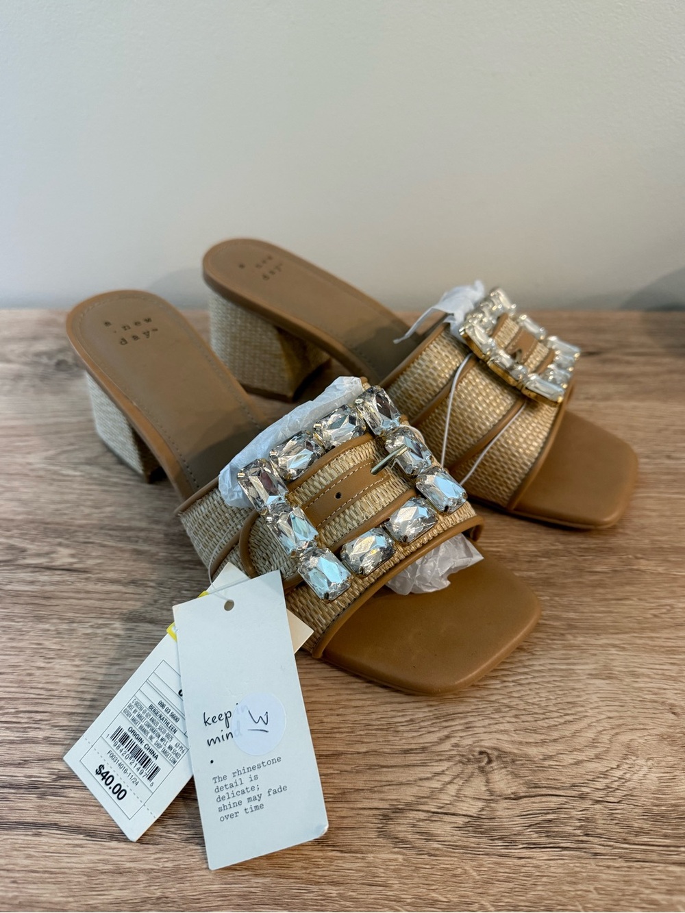 a new day Tan Jeweled Block Heel Mules